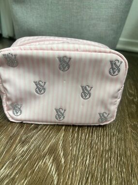 Victoria's Secret Pink Striped Cosmetic Bag with Rhinestone VS Logo